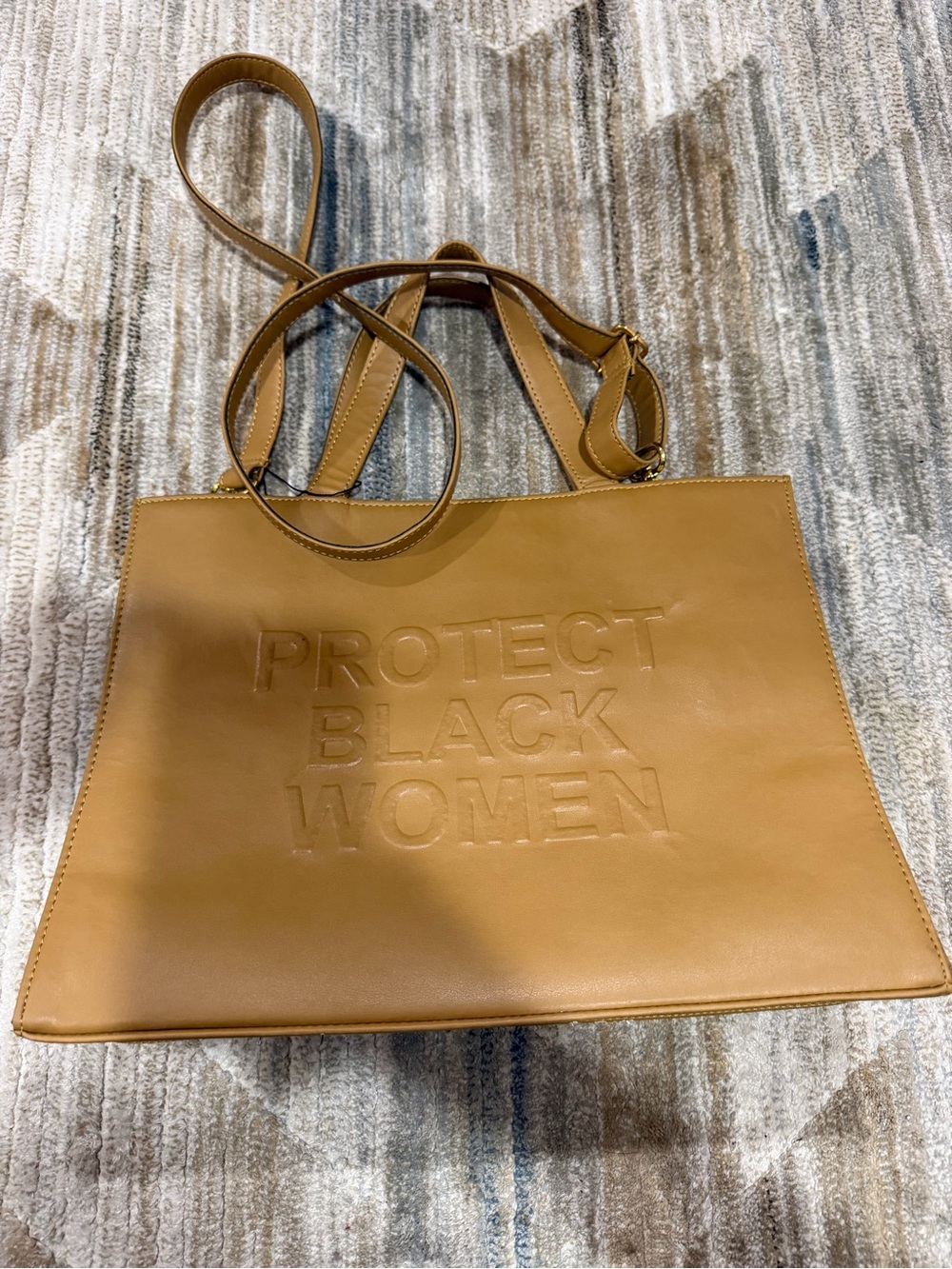 Tan Leather Tote with Embossed "Protect Black Women"